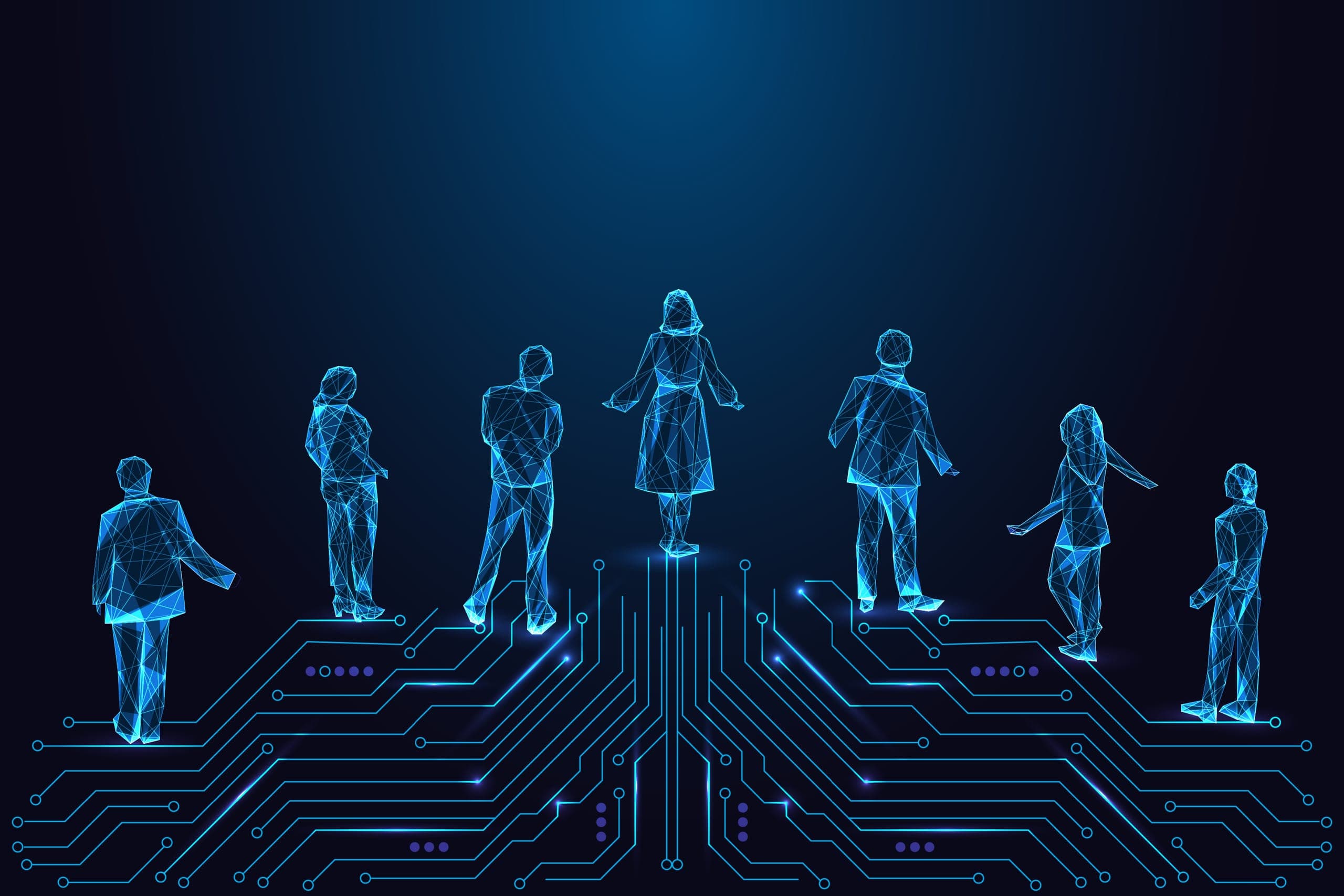Students standing on top of blue technology lines