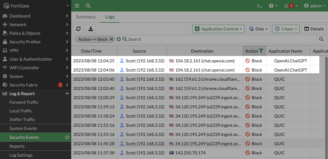 Fortinet FortiGate's Application Control Log showing ChatGPT Blocks