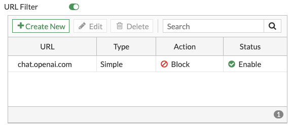 Viewing the URL filter to block Chat GPT in a Fortinet FortiGate's web filter profile.