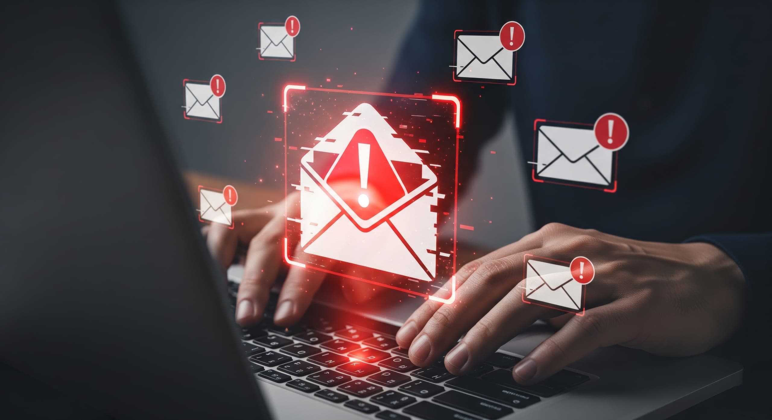 Teacher typing on keyboard with email safety alerts coming in at a rapid rate