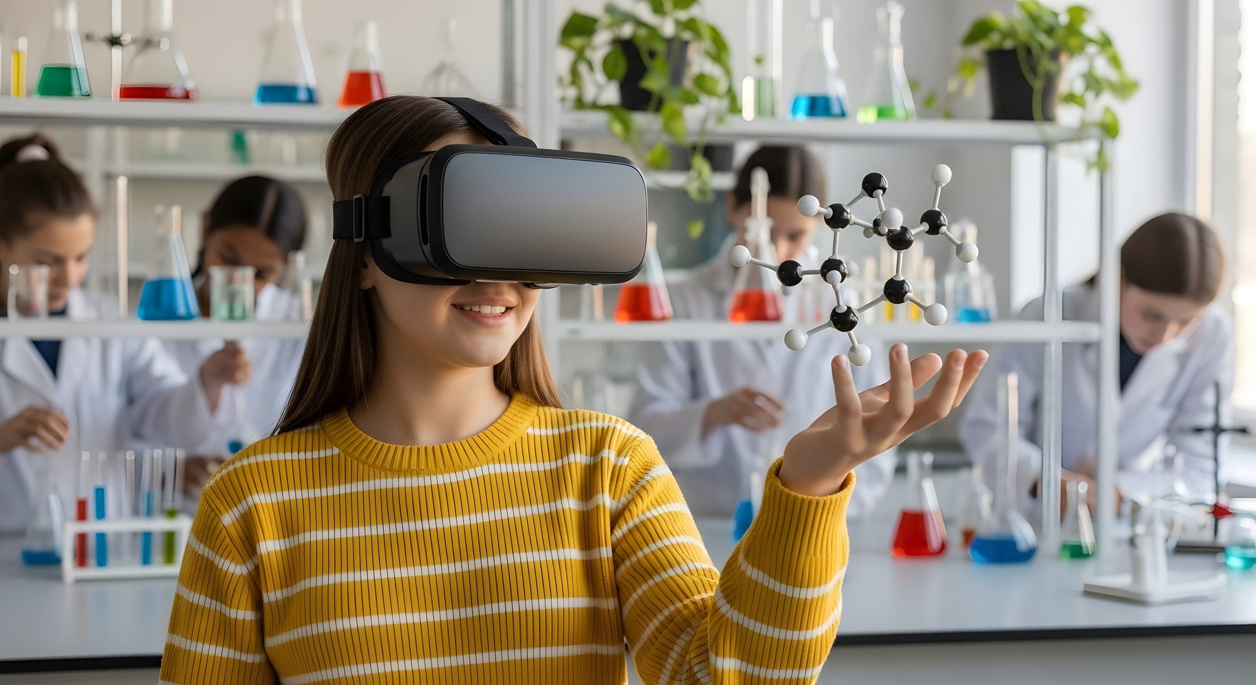 School student using VR to view a chemical chain in science lab