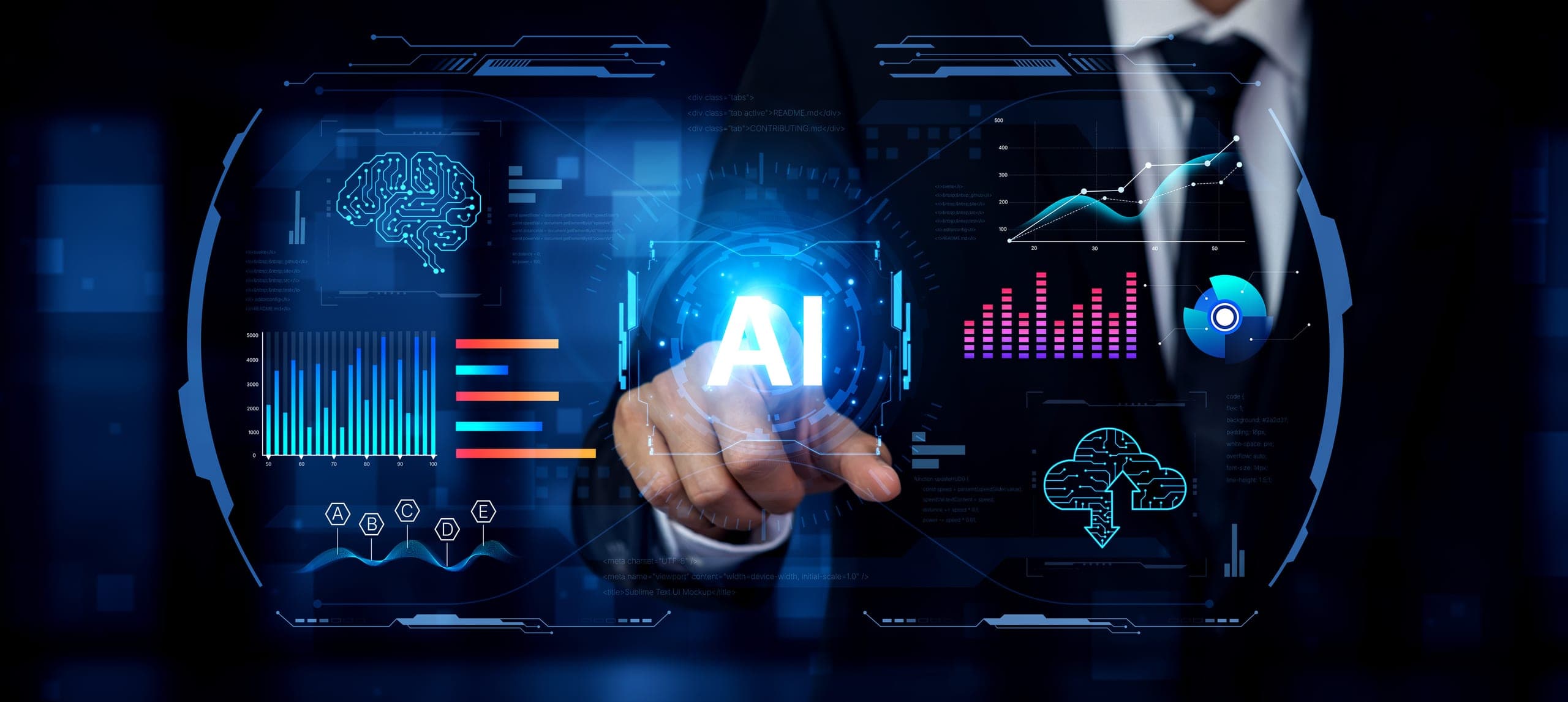Picture of employee looking at reports of AI use across their network represented by graphics