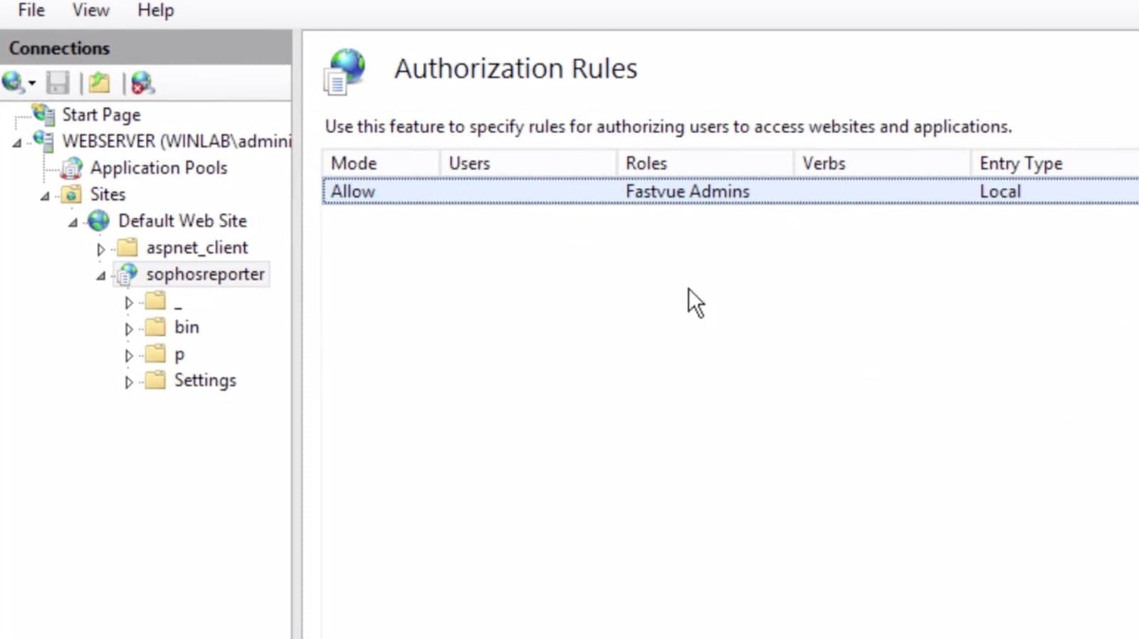 Dialog box in IIS showing the ‘Add Allow Authorization Rule’ window configured to allow access for a specific role or user group called “Fastvue Viewers."