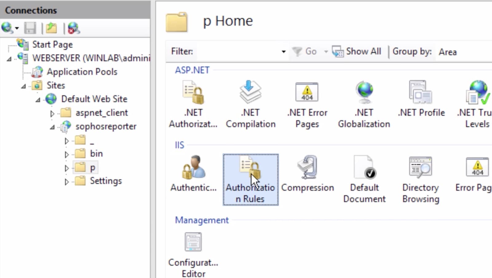 IIS Manager view displaying Authorization Rules for the Fastvue Reporter site, with a rule allowing the Fastvue Admins group.