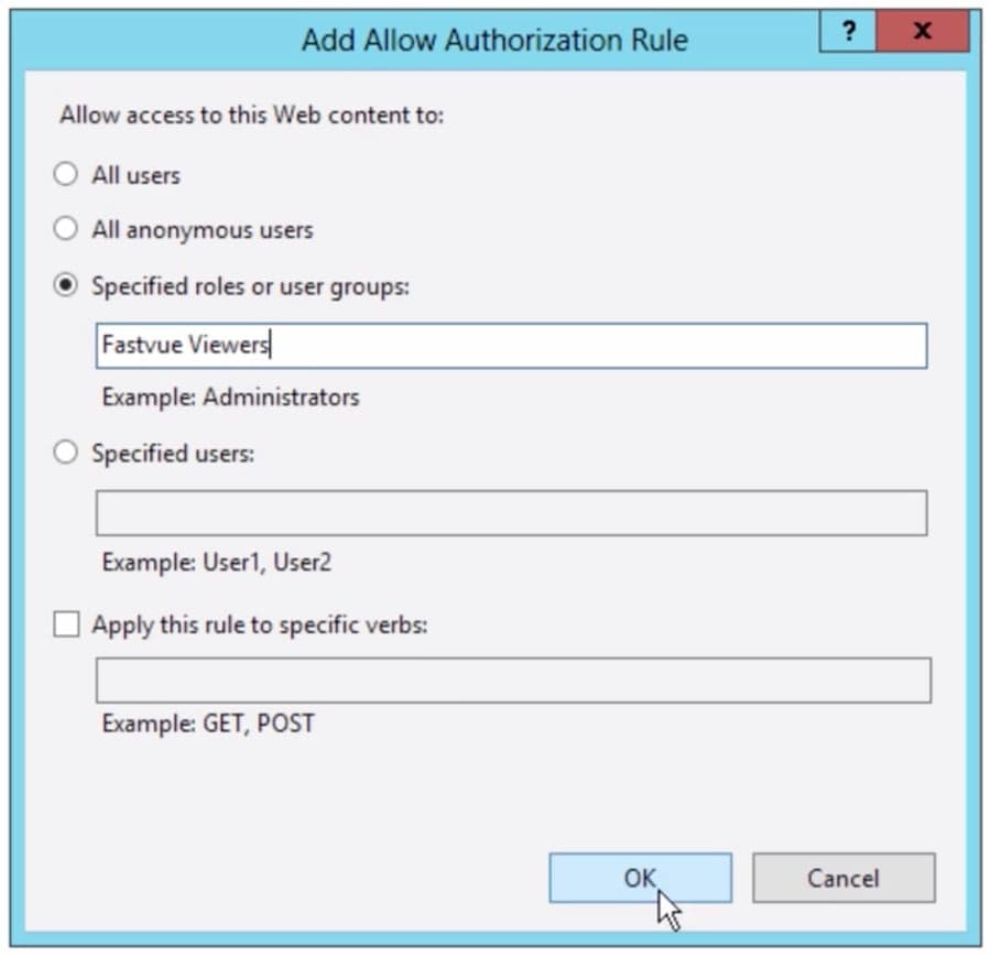 Screenshot of the “Add Allow Authorization Rule” window in IIS Manager, configured to grant access to the “Fastvue Viewers” group before confirming the change.