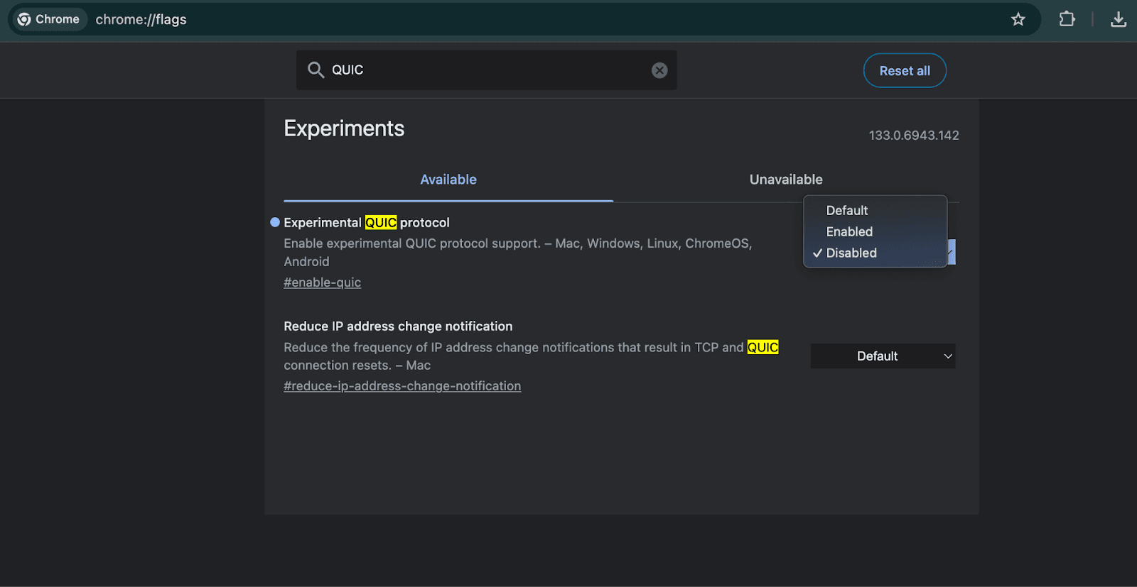 Settings page in Chrome browser showing features to manage and block Google QUIC.