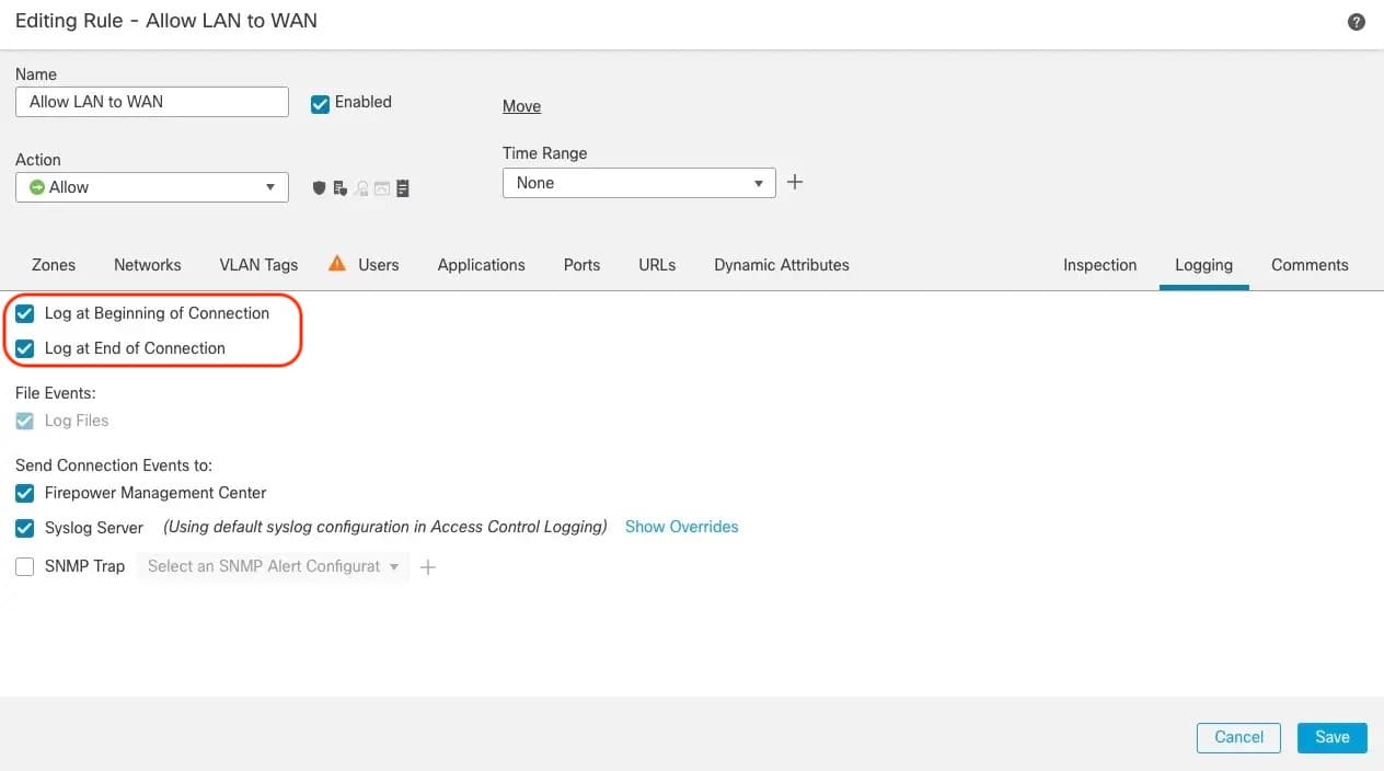 Cisco Firepower - Options to log at beginning and end of connections within Access Policy Rules.