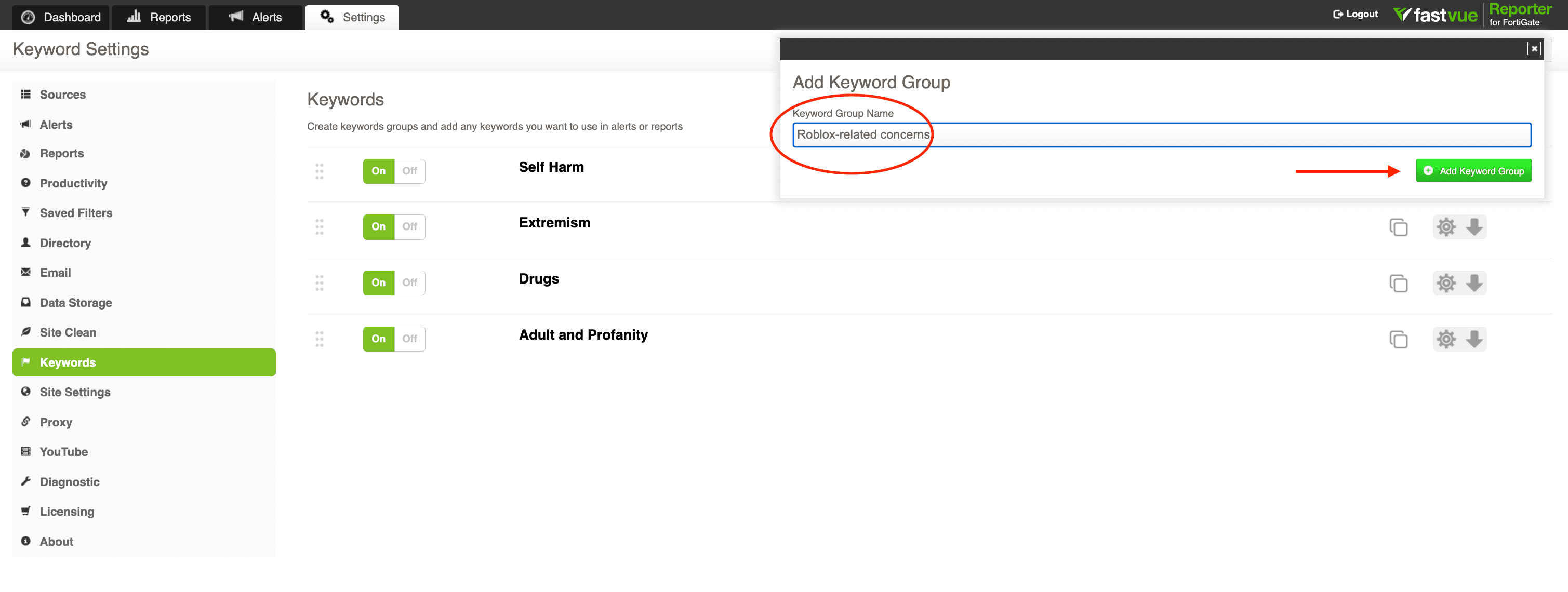 A screenshot showing how to create a Custom Roblox Keyword Group in Fastvue Reporter