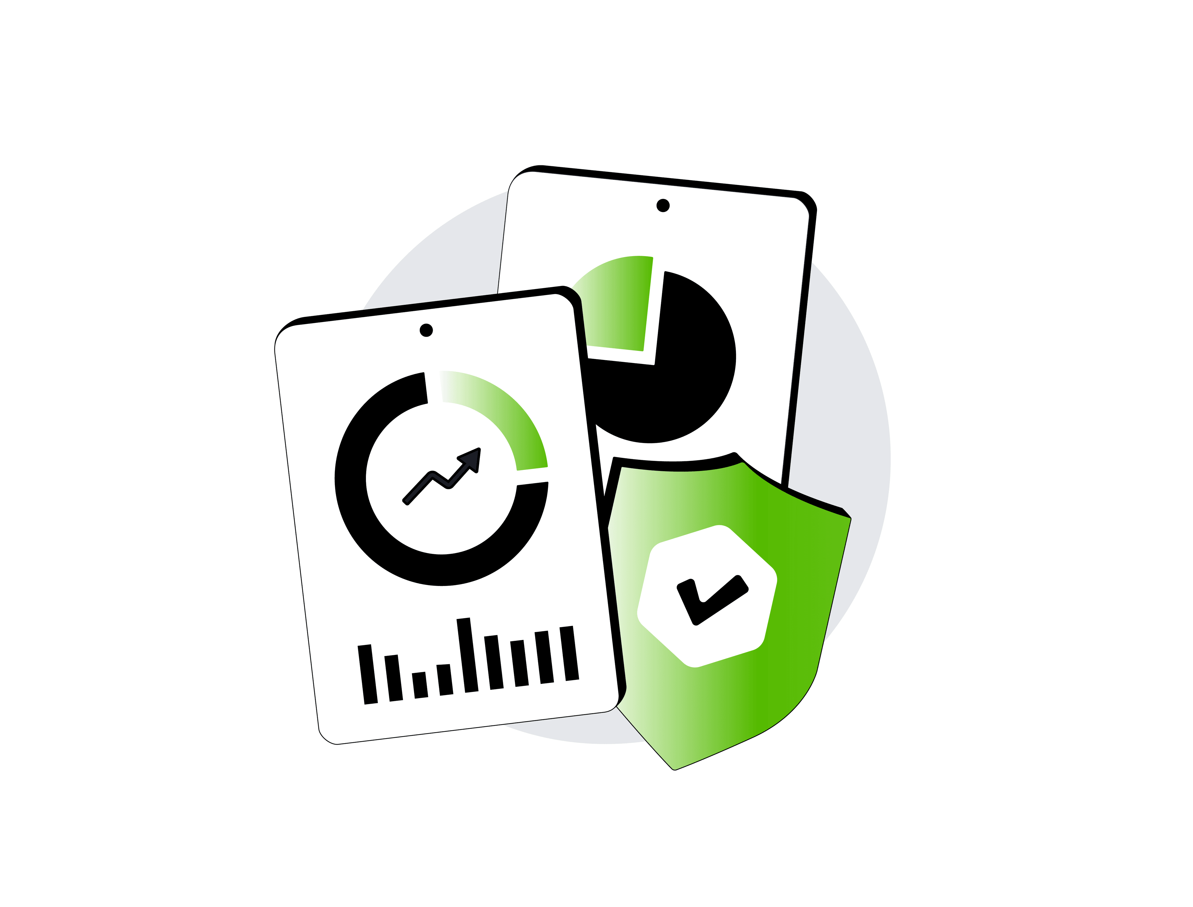 Graphic of a report and green shield in green and white, illustrating Fastvue Reporter’s diverse reporting options.