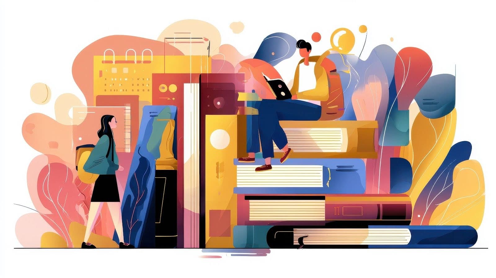Animated image showing students sitting on books