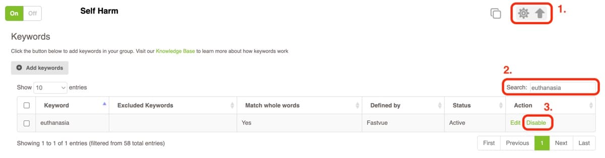 Settings showing how to disable and enable keywords in Fastvue