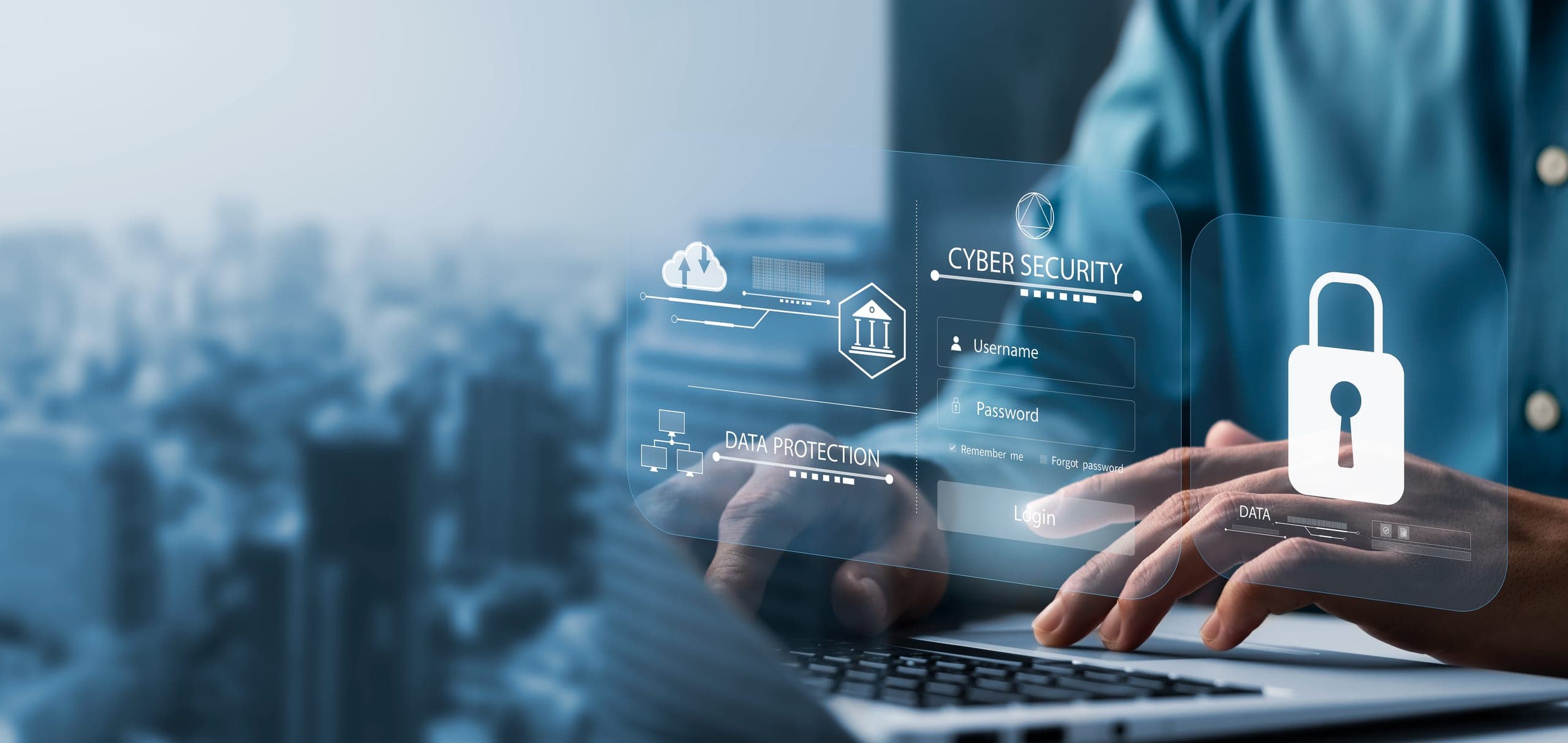 Employee typing on a work device surrounded by cybersecurity logos
