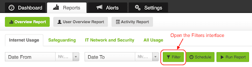Fastvue Reporter Dashboard showing URL filter settings