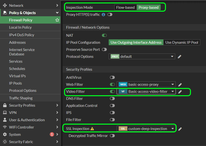 Fortinet FortiGate firewall policy video filter