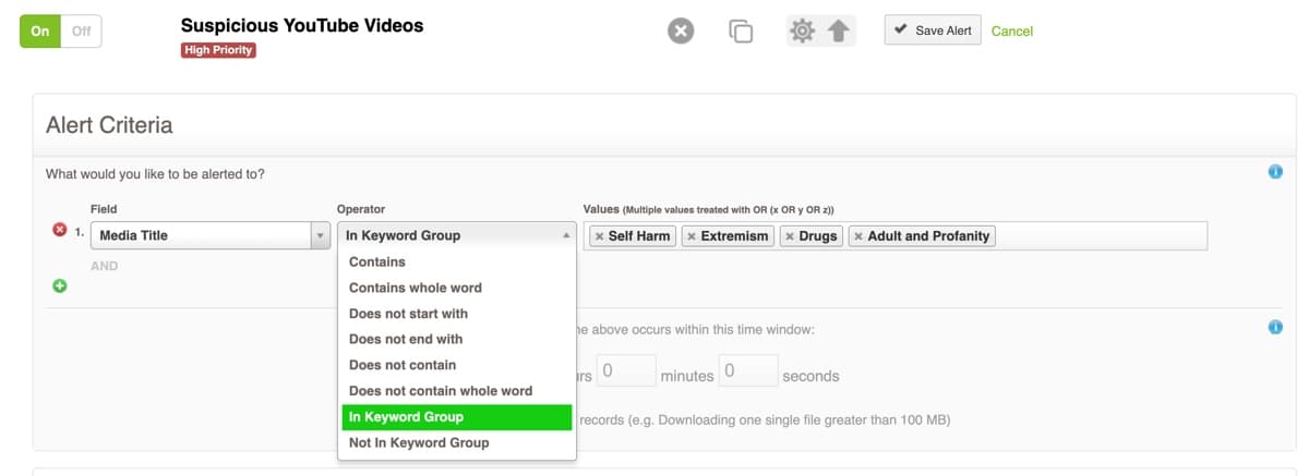 Settings page for Fastvue video featuring options for filtering reports and alerts by keyword groups.