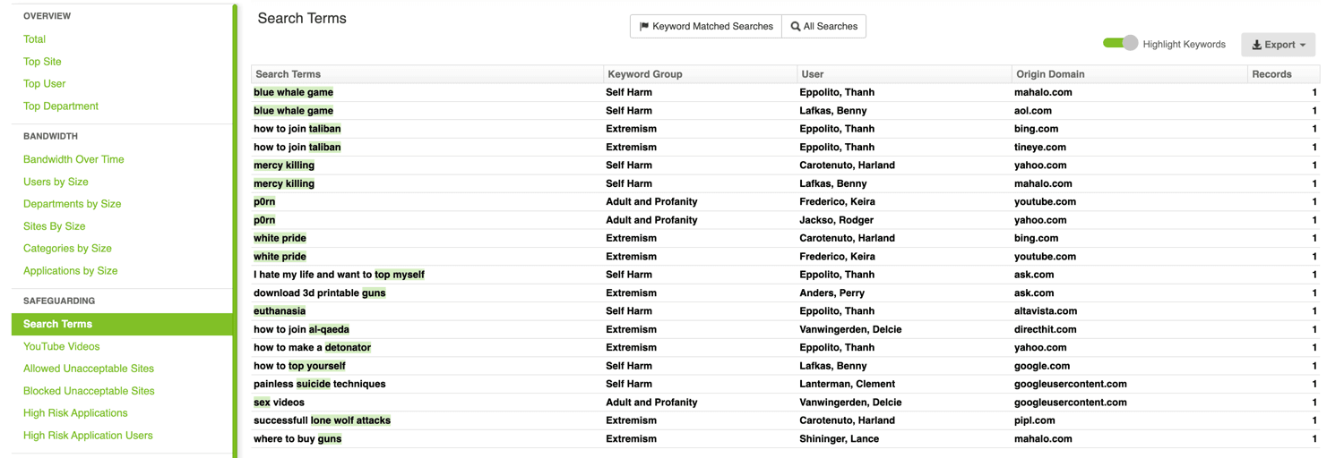 Screenshot of keyword search results in Fastvue Reporter, highlighting matched entries.
