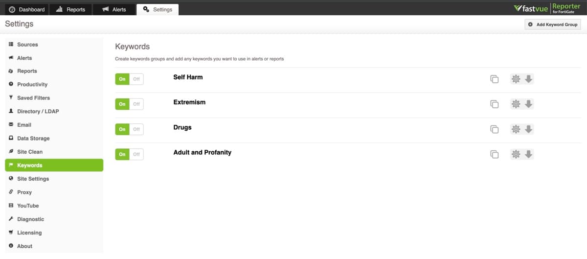 Dashboard showing keyword settings options in Fastvue Reporter