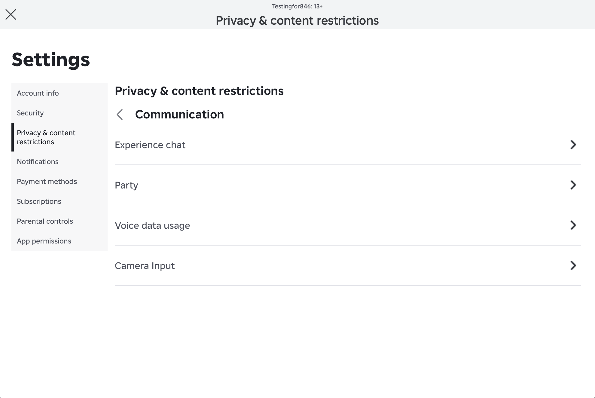 A screenshot of Roblox's content and communication settings
