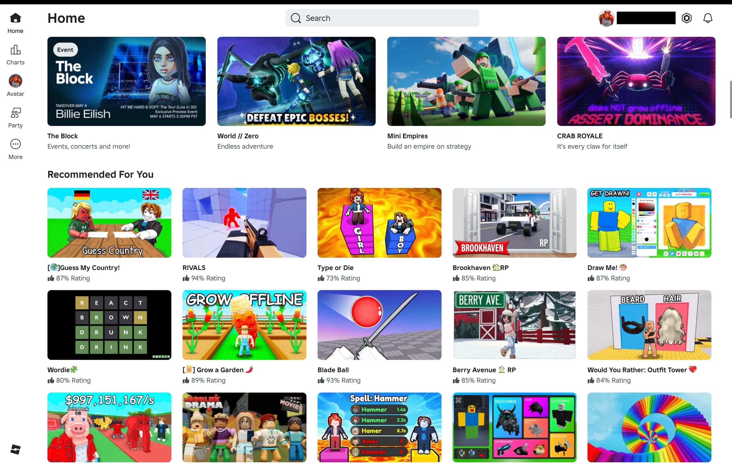Screenshot of Roblox Homepage showing games and experiences 2026