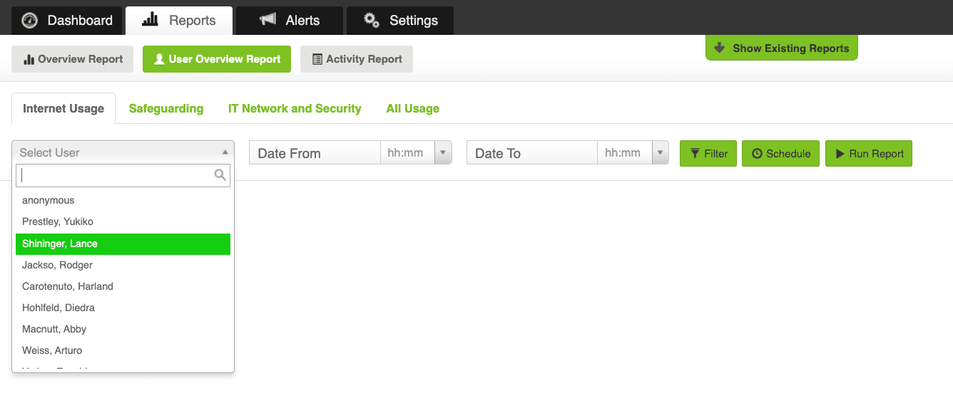 Fastvue reporter dashboard with specific user selected in side bar