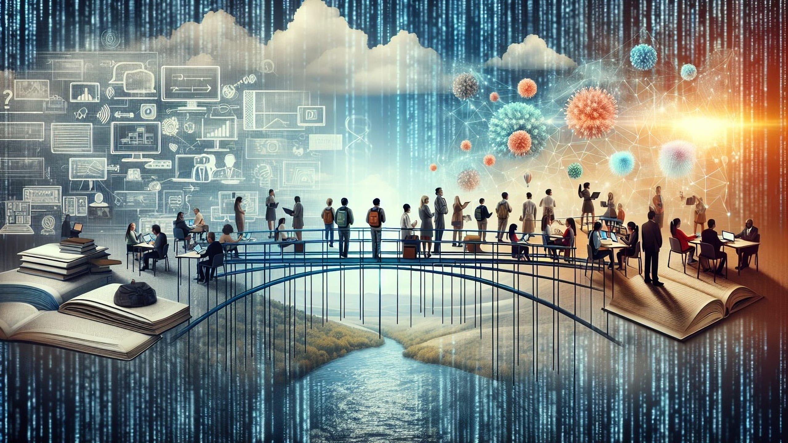 Business individuals on a bridge with digital symbols, illustrating the theme of safeguarding students amid digital challenges.
