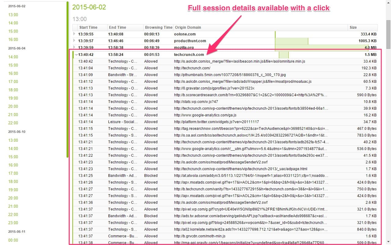 Fastvue Reporter activity reports showing how to access full session details