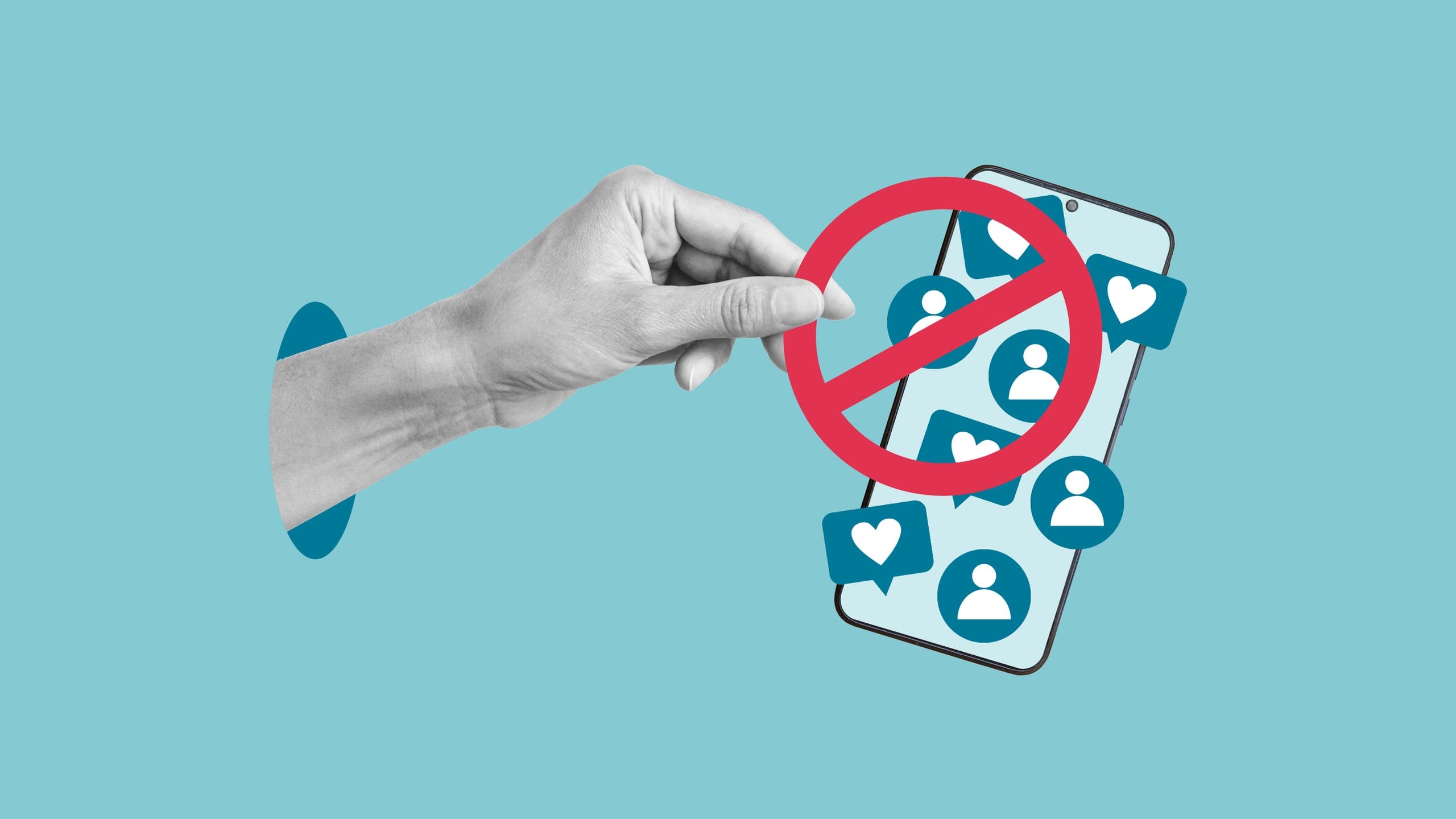 Handing holding red ban symbol over a mobile phone, demonstrating a social media ban
