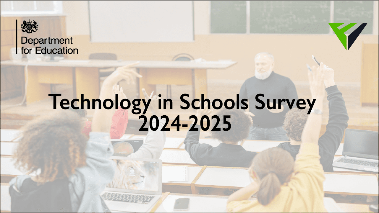 DfE technology in Schools Survey 2025 overlaid on Uk schools students using tech