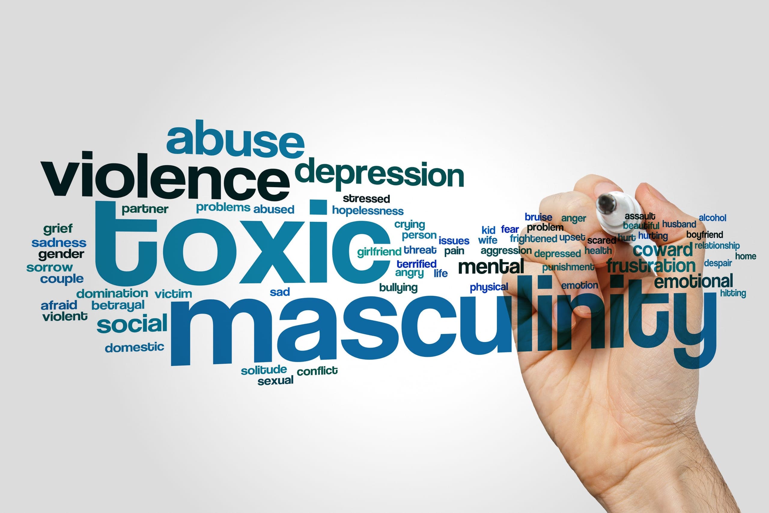 A word cloud illustrating the concept of toxic masculinity, featuring various related terms and phrases prominently displayed.