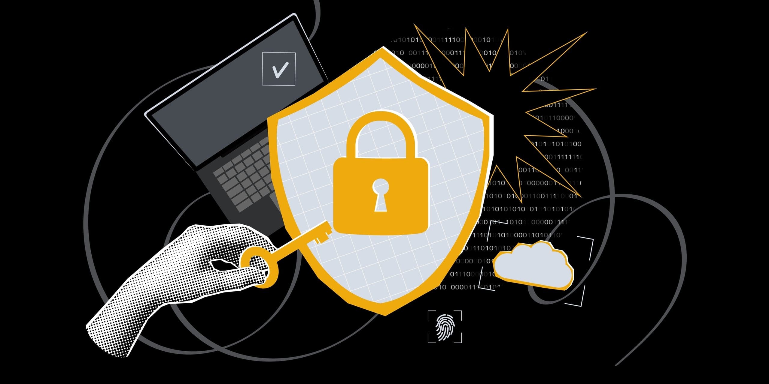A hand with a padlock next to a laptop, illustrating the importance of cybersecurity and safeguarding personal information.
