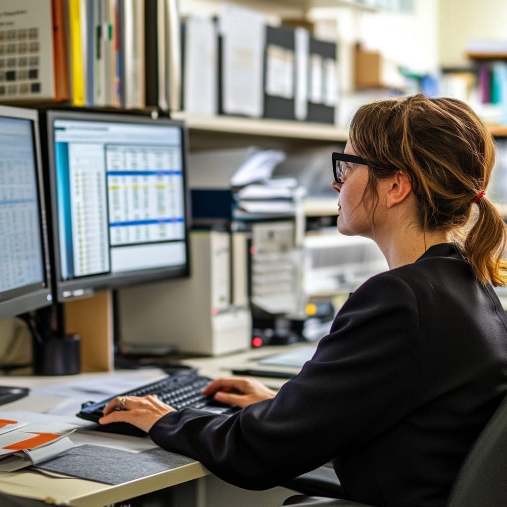 School principal sitting at office desk looking at reports on computer