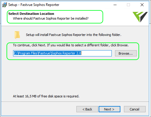 Fastvue Sophos Reporter Installation - Select Destination Location