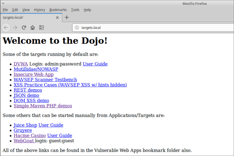 Web Security Dojo Welcome Screen