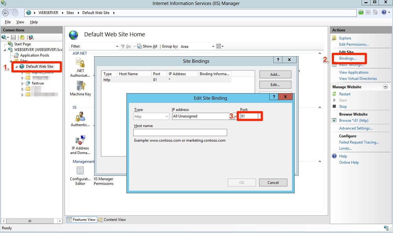 Changing IIS Default Website Bindings