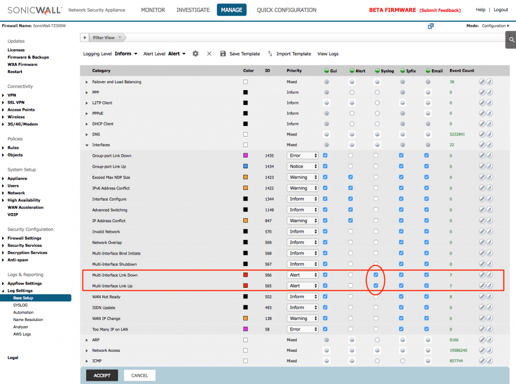 SonicWall Multi-Interface Link Events