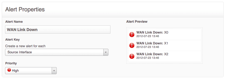 SonicWall WAN Link Down Alert - Alert Properties