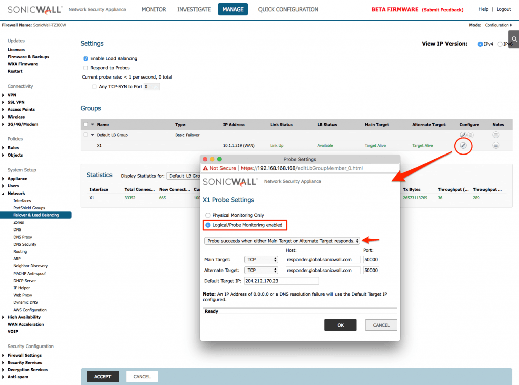 SonicWall WAN X1 Interface Probe Settings