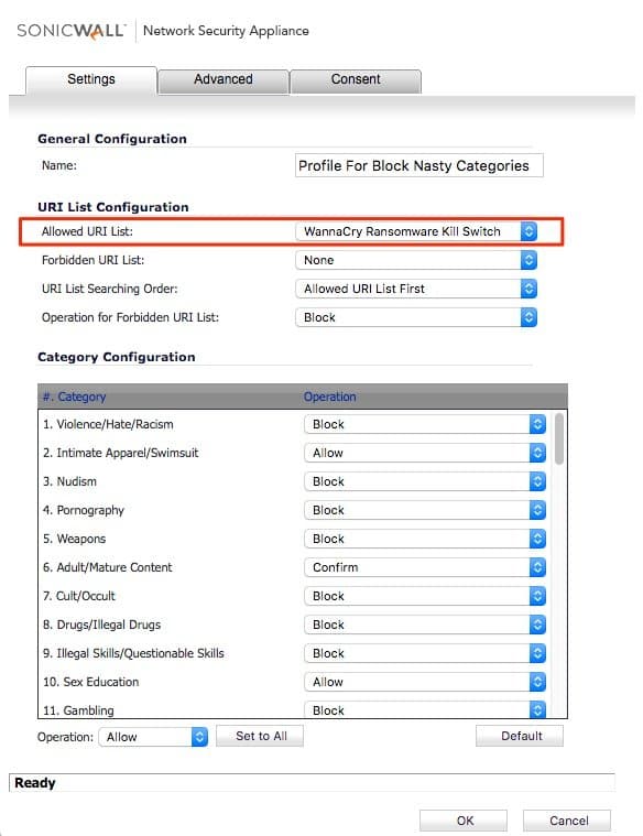 WannaCry Ransomware Kill_Switch Whitelist SonicWall Profile