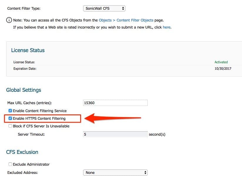 Enable SonicWall HTTPS Content Filtering