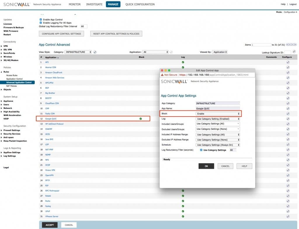 Block Google Quic with SonicWall Application Control