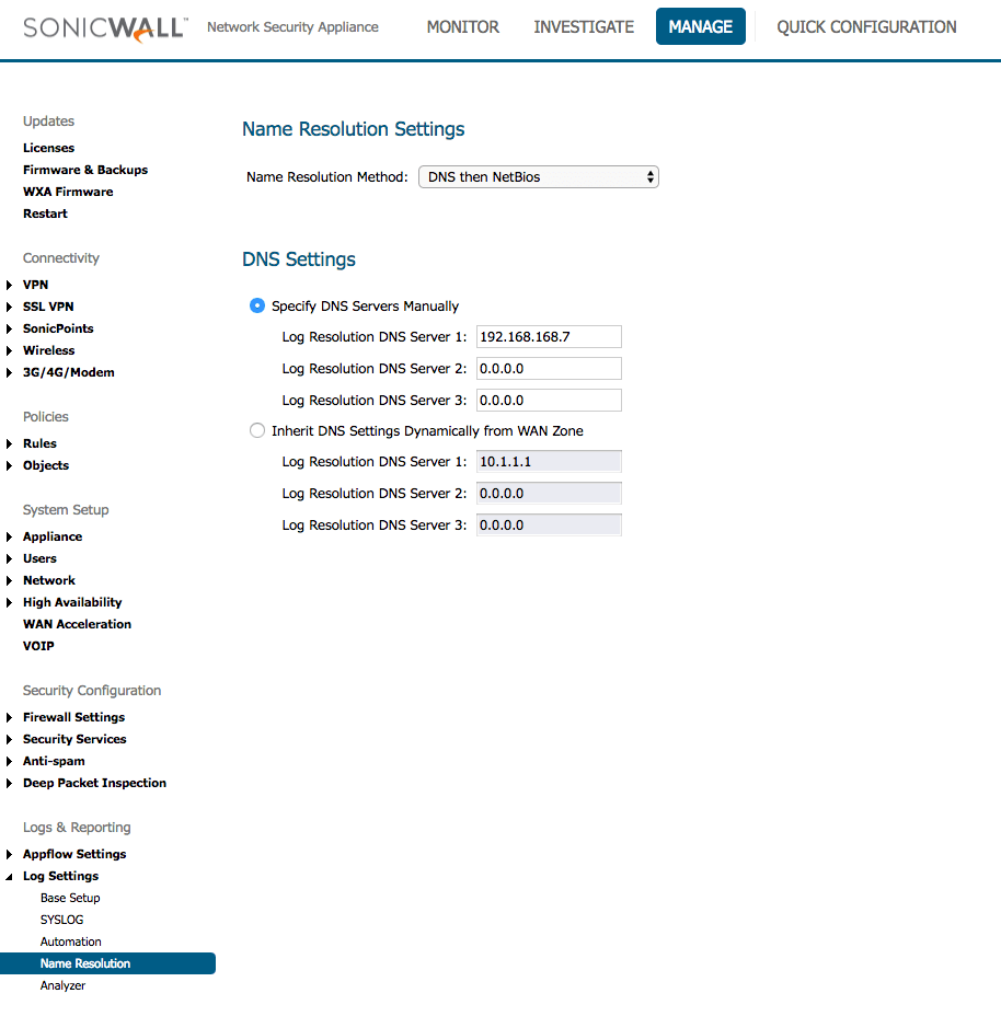 SonicWall Name Resolution Log Settings