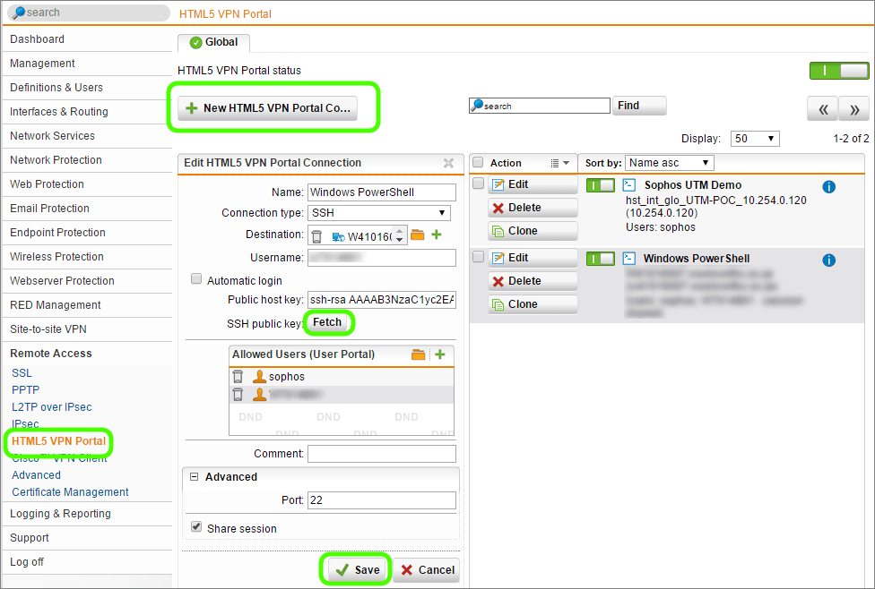 PowerShell over SSH Using Sophos UTM HTML5 VPN Portal