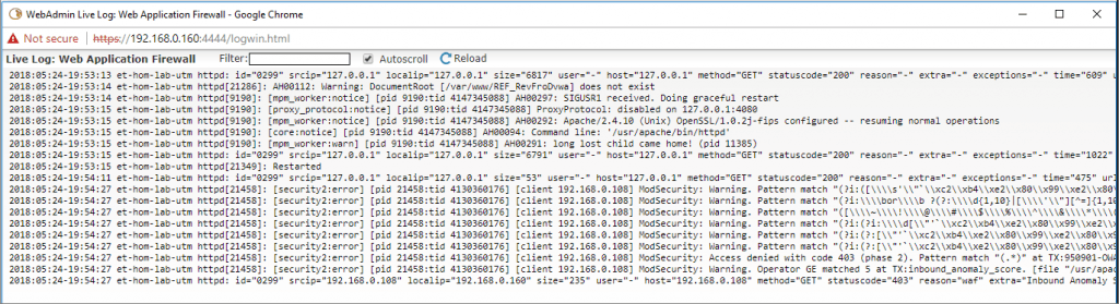 Sophos SG Web Application Firewall Live Log