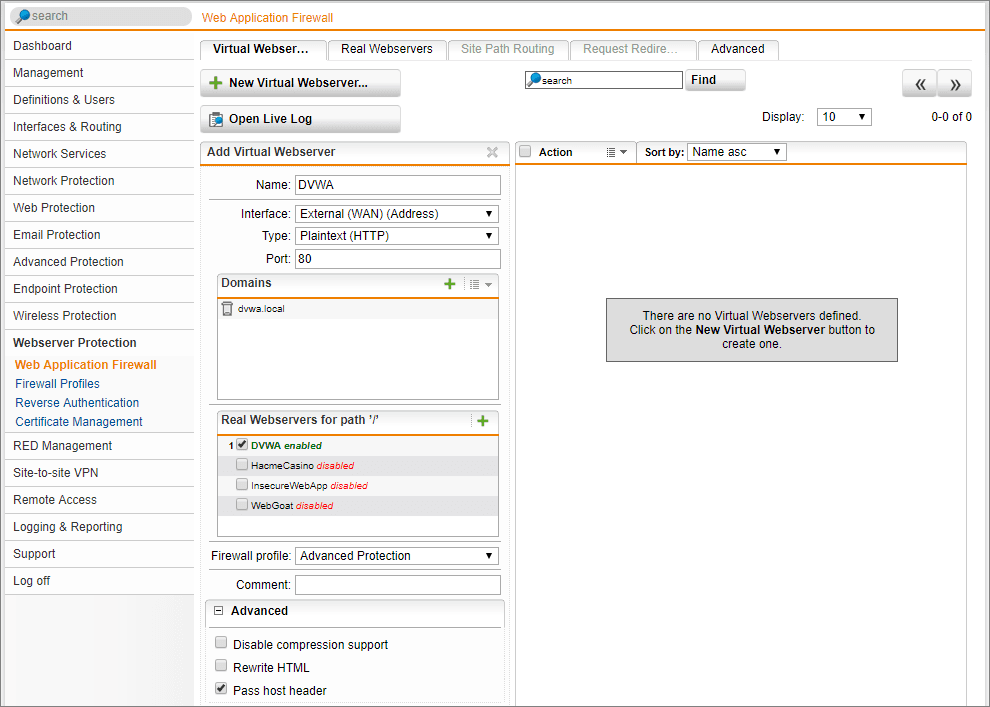 Configuring the Virtual Web Application Firewall