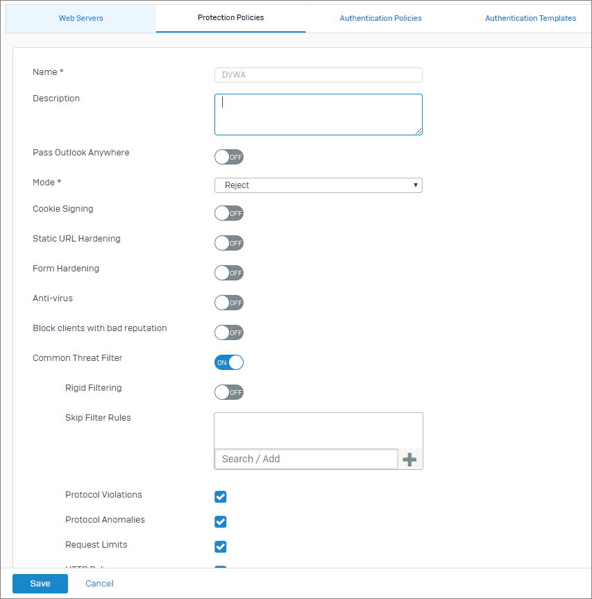 Configuring a Web Server Protection Policy