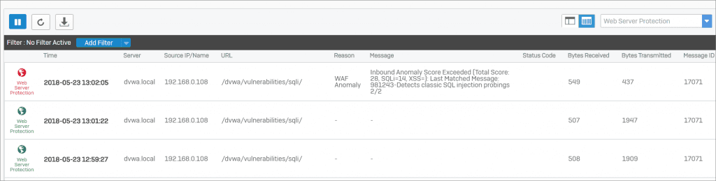 Sophos XG web server protection testing log