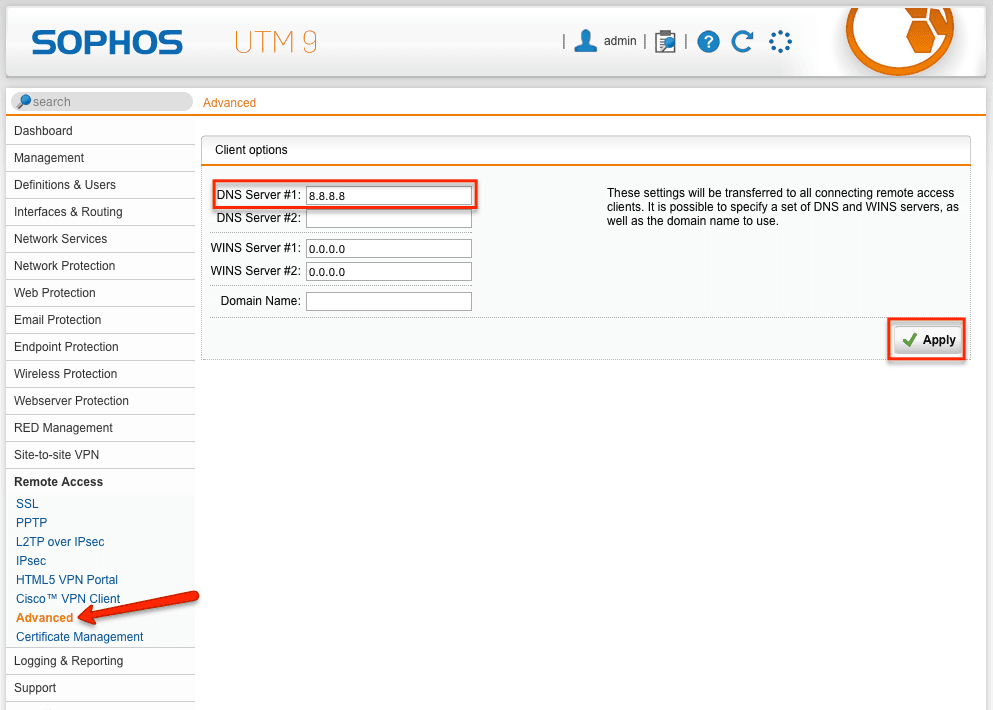 Sophos UTM SSL VPN DNS Settings