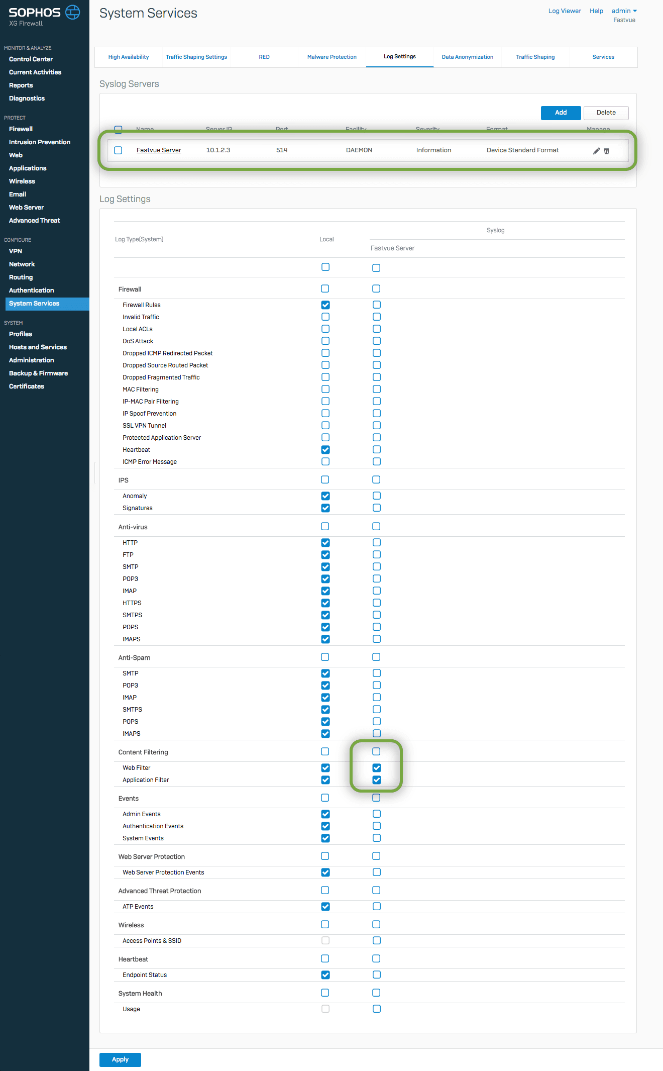 Sophos XG Syslog Settings For Fastvue Sophos Reporter