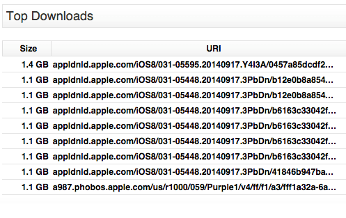 Apple iOS 8 Bandwidth Dashboard Top Downloads