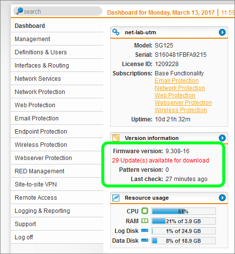 Sophos UTM Up2Date Firmware Updates on Dashboard